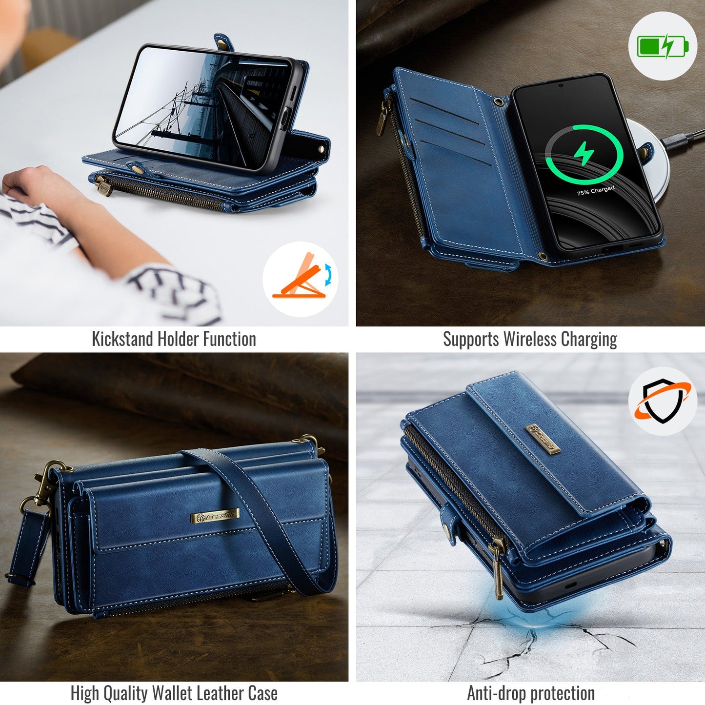 For Samsung Galaxy S24 Case CASEME C39 RFID Blocking Zipper Wallet Stand Leather Cover with Strap - Blue