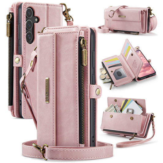 For Samsung Galaxy S24 Case CASEME C39 RFID Blocking Zipper Wallet Stand Leather Cover with Strap - Pink