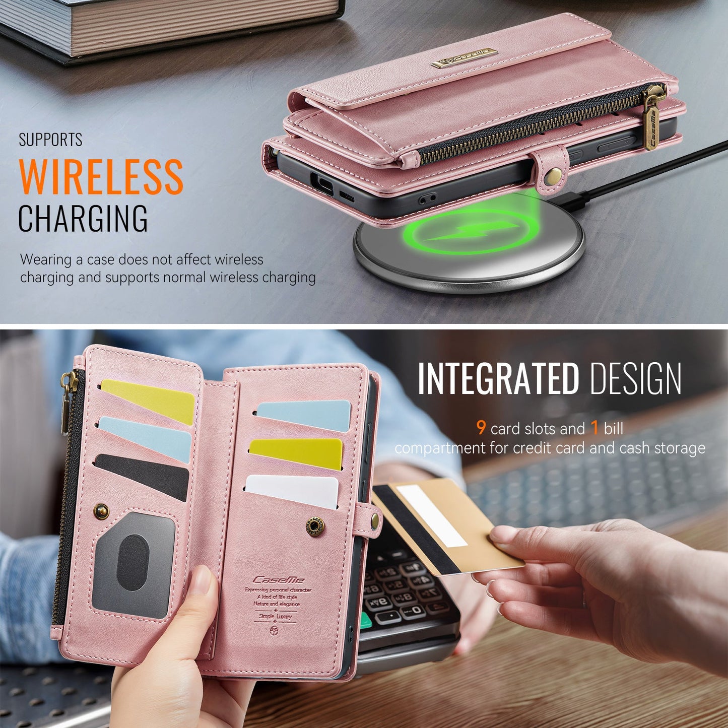 For Samsung Galaxy S24 Case CASEME C39 RFID Blocking Zipper Wallet Stand Leather Cover with Strap - Pink