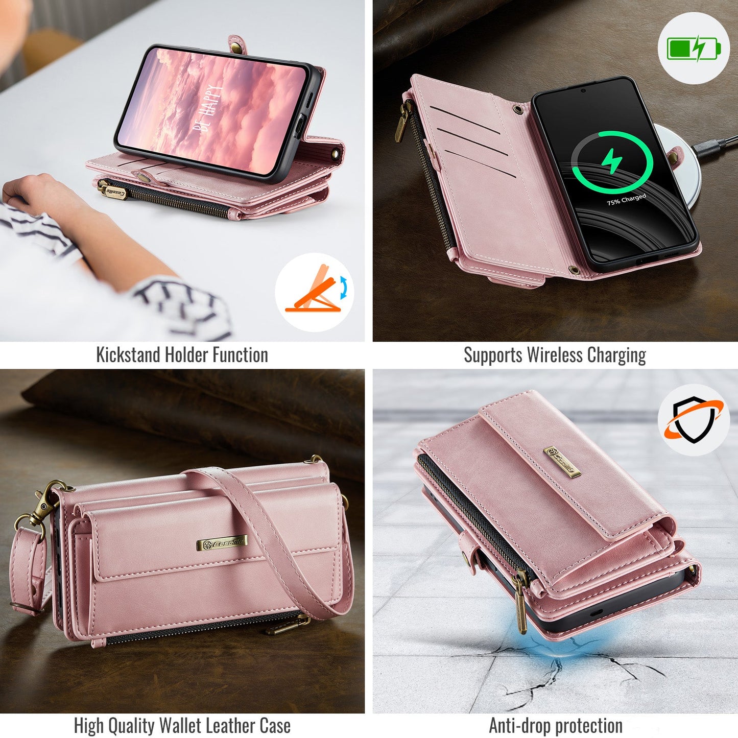 For Samsung Galaxy S24 Case CASEME C39 RFID Blocking Zipper Wallet Stand Leather Cover with Strap - Pink