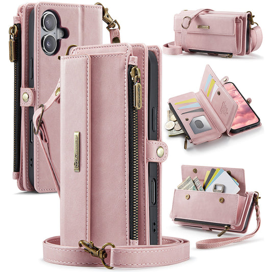 For iPhone 16 Plus CASEME C39 RFID Blocking Zipper Wallet Stand Leather Cover with Strap - Pink