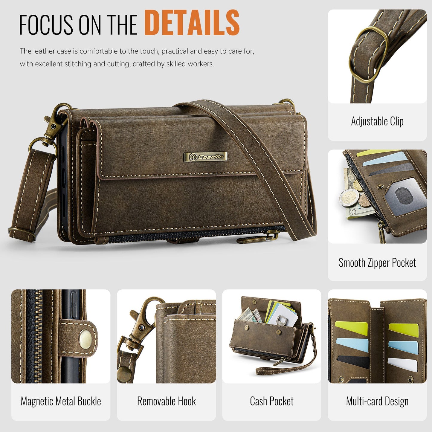 For iPhone 16 CASEME C39 RFID Blocking Zipper Wallet Stand Leather Cover with Strap - Brown