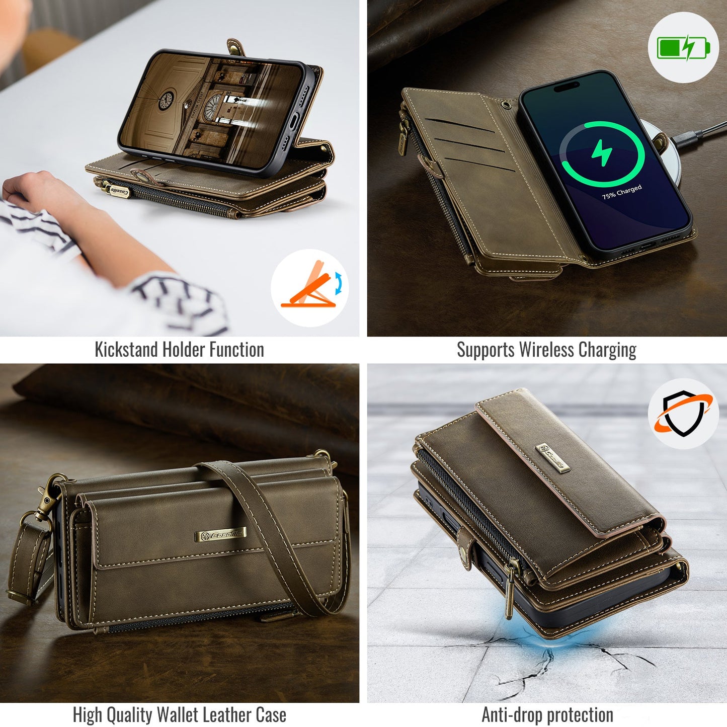 For iPhone 16 CASEME C39 RFID Blocking Zipper Wallet Stand Leather Cover with Strap - Brown