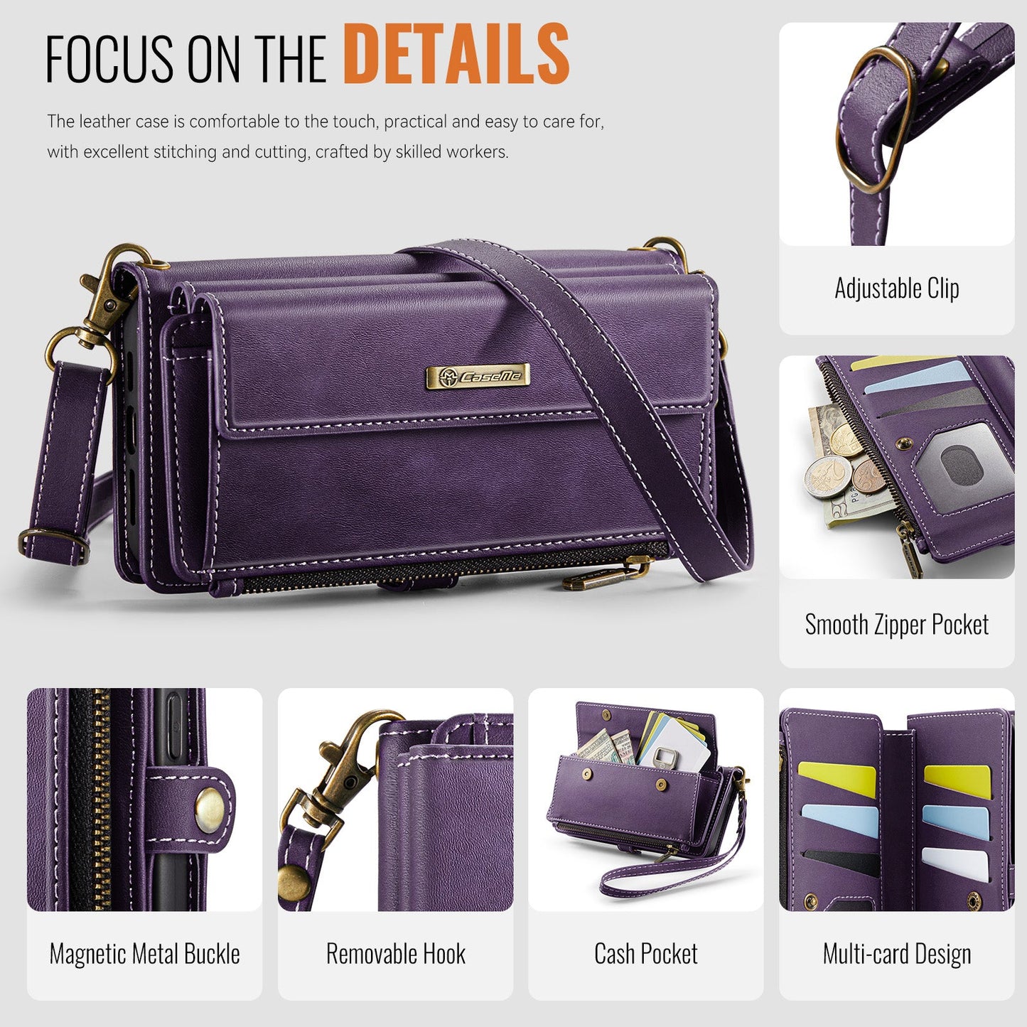 For iPhone 16 CASEME C39 RFID Blocking Zipper Wallet Stand Leather Cover with Strap - Purple