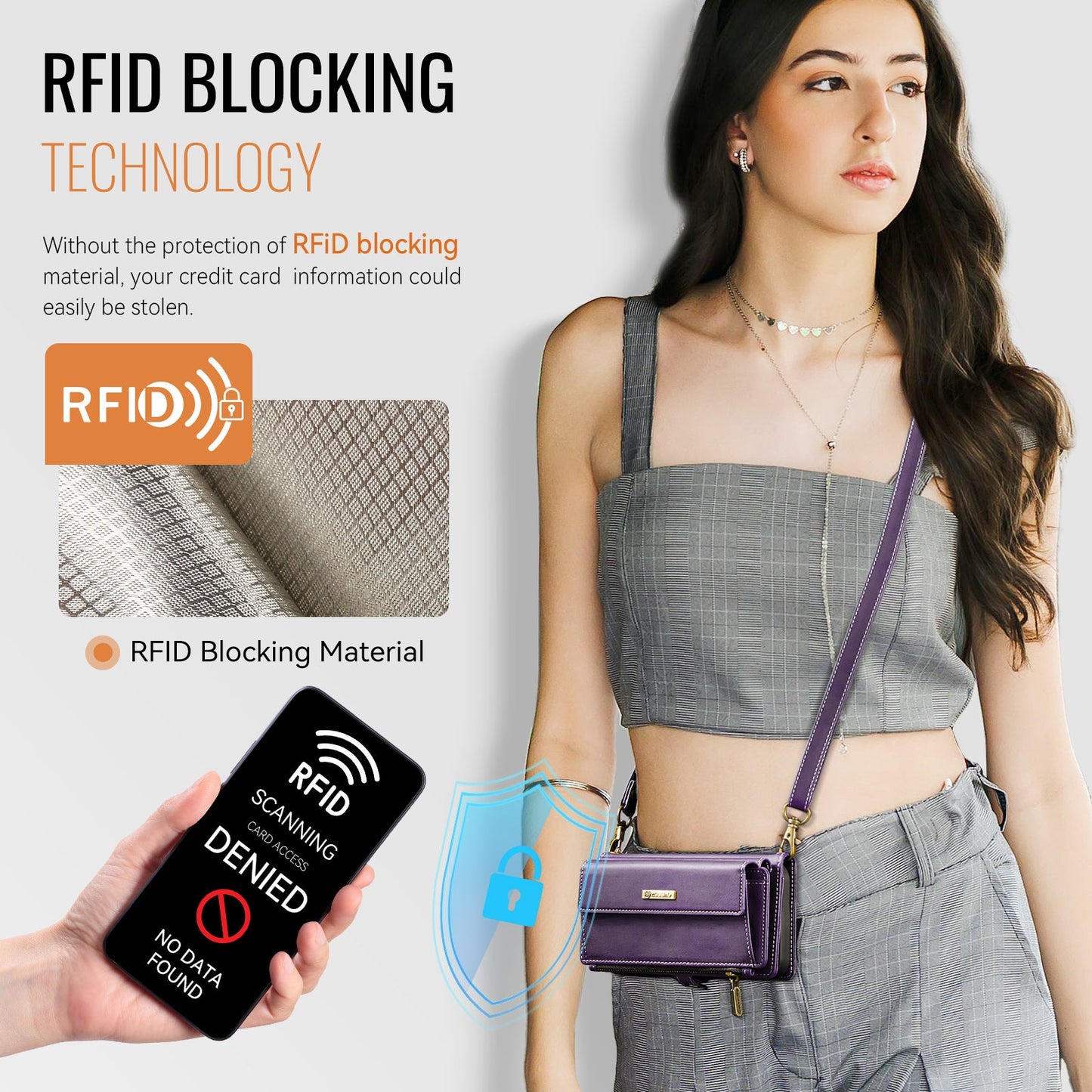 For iPhone 16 CASEME C39 RFID Blocking Zipper Wallet Stand Leather Cover with Strap - Purple