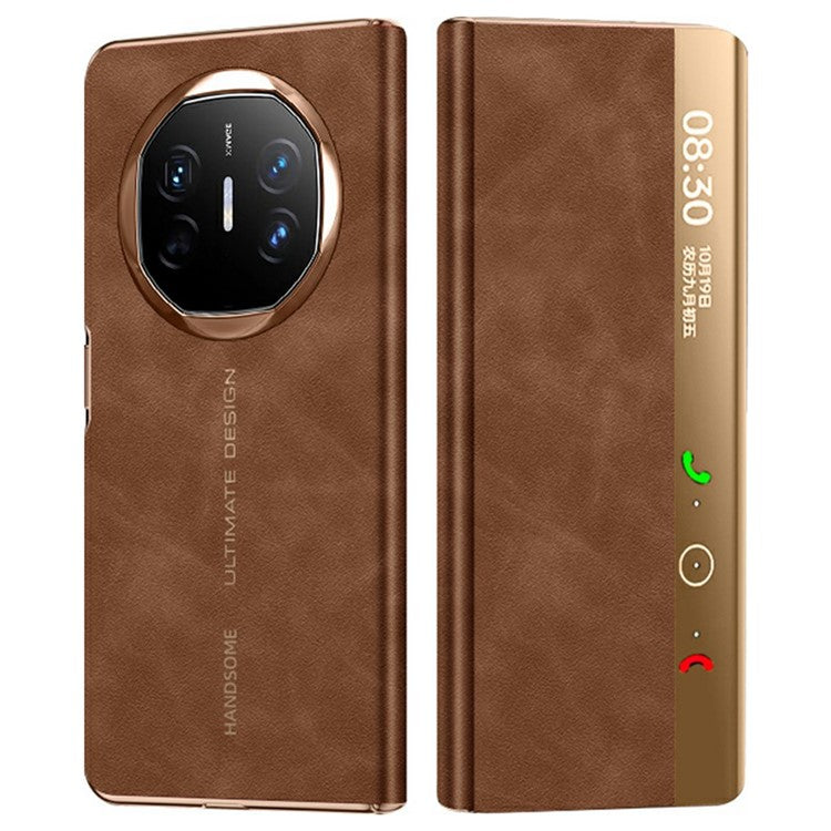 For Huawei Mate X6 Case Leather Protective Cover with Smart Window Auto Wake Up - Coffee Brown  /  Gold