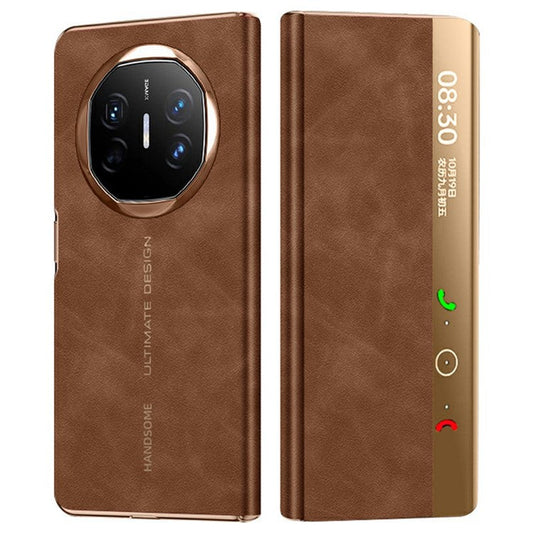 For Huawei Mate X6 Case Leather Protective Cover with Smart Window Auto Wake Up - Coffee Brown  /  Gold