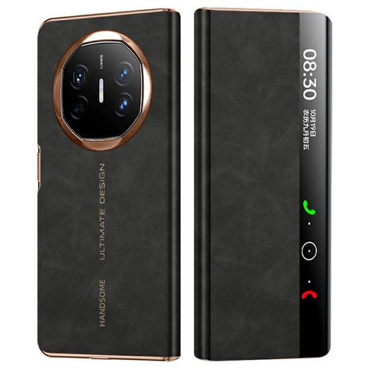 For Huawei Mate X6 Case Leather Protective Cover with Smart Window Auto Wake Up - Black