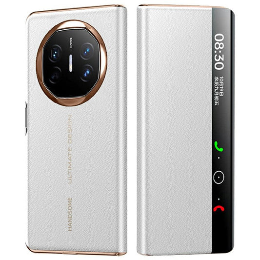 For Huawei Mate X6 Case View Window Auto Wake / Sleep Leather Flip Phone Cover Litchi Texture - Ivory White