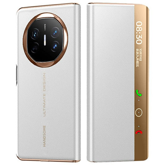 For Huawei Mate X6 Case View Window Auto Wake / Sleep Leather Flip Phone Cover Litchi Texture - Ivory White / Gold