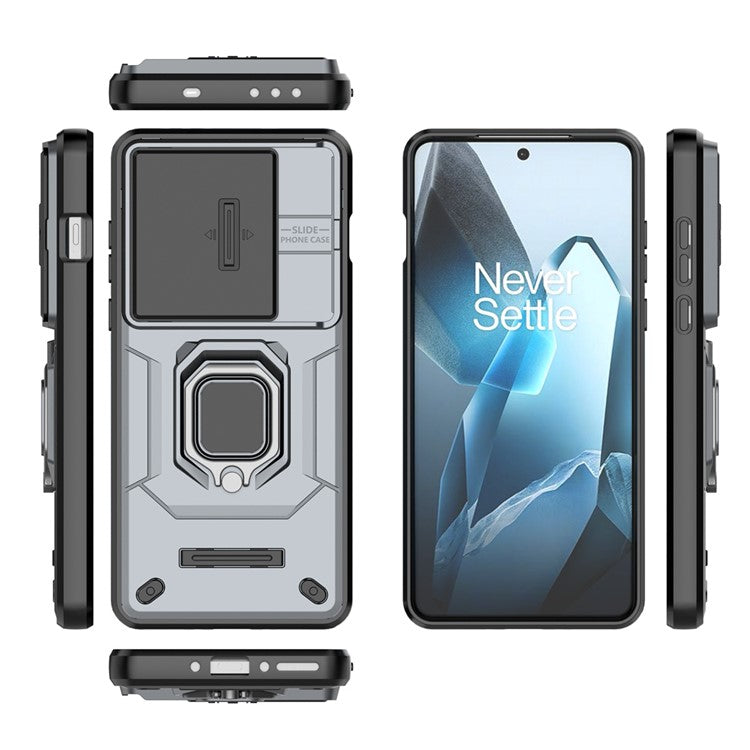 For OnePlus 13 Case PC+TPU Kickstand Phone Protector with Lens Cover - Grey