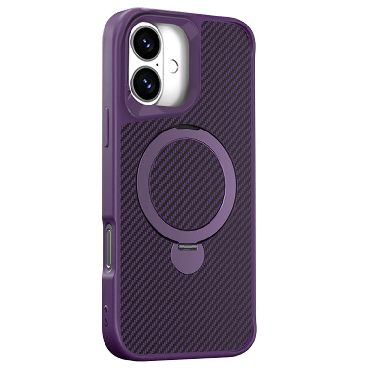 For iPhone 16 Plus Phone Case with Magnetic Kickstand TPU+PC Carbon Fiber Back Cover - Purple