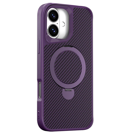 For iPhone 16 Plus Phone Case with Magnetic Kickstand TPU+PC Carbon Fiber Back Cover - Purple