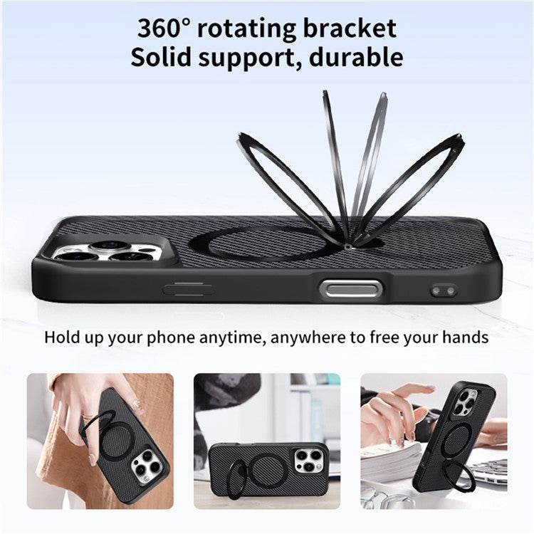 For iPhone 16 Pro Phone Case with Magnetic Kickstand TPU+PC Carbon Fiber Back Cover - Black