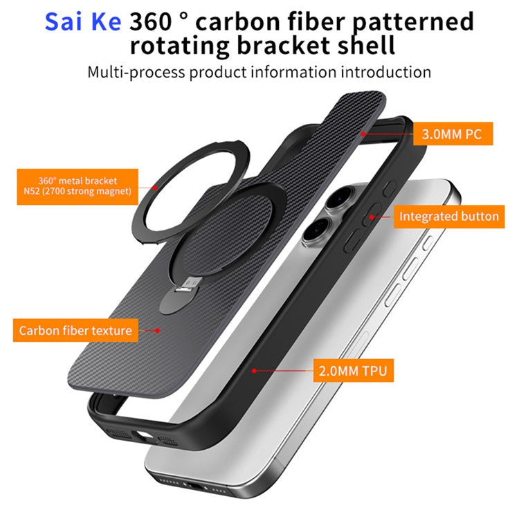 For iPhone 16 Pro Phone Case with Magnetic Kickstand TPU+PC Carbon Fiber Back Cover - Black