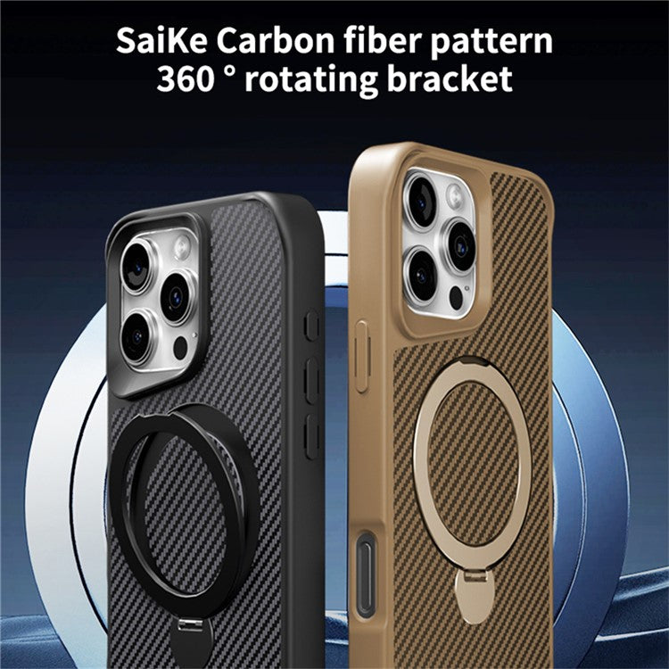 For iPhone 16 Pro Phone Case with Magnetic Kickstand TPU+PC Carbon Fiber Back Cover - Black