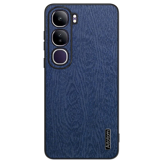For vivo V40 Lite (Indonesia) 5G Case Wood Texture PU Leather Coated PC+TPU Phone Cover - Blue