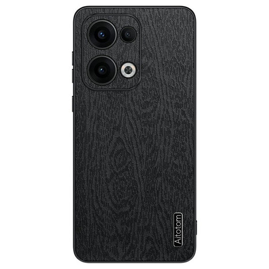 For Oppo Reno13 5G (Global) Case Wood Texture PU Leather Coated PC+TPU Phone Cover - Black