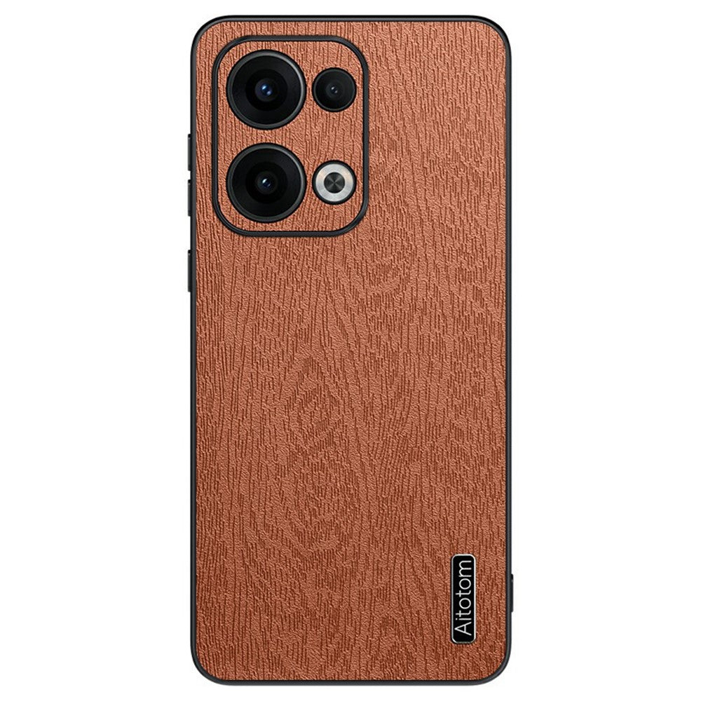 For Oppo Reno13 5G (Global) Case Wood Texture PU Leather Coated PC+TPU Phone Cover - Brown