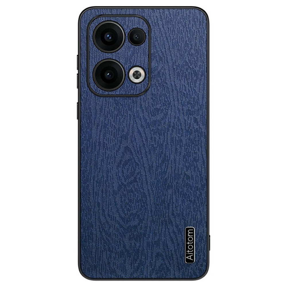 For Oppo Reno13 5G (Global) Case Wood Texture PU Leather Coated PC+TPU Phone Cover - Blue