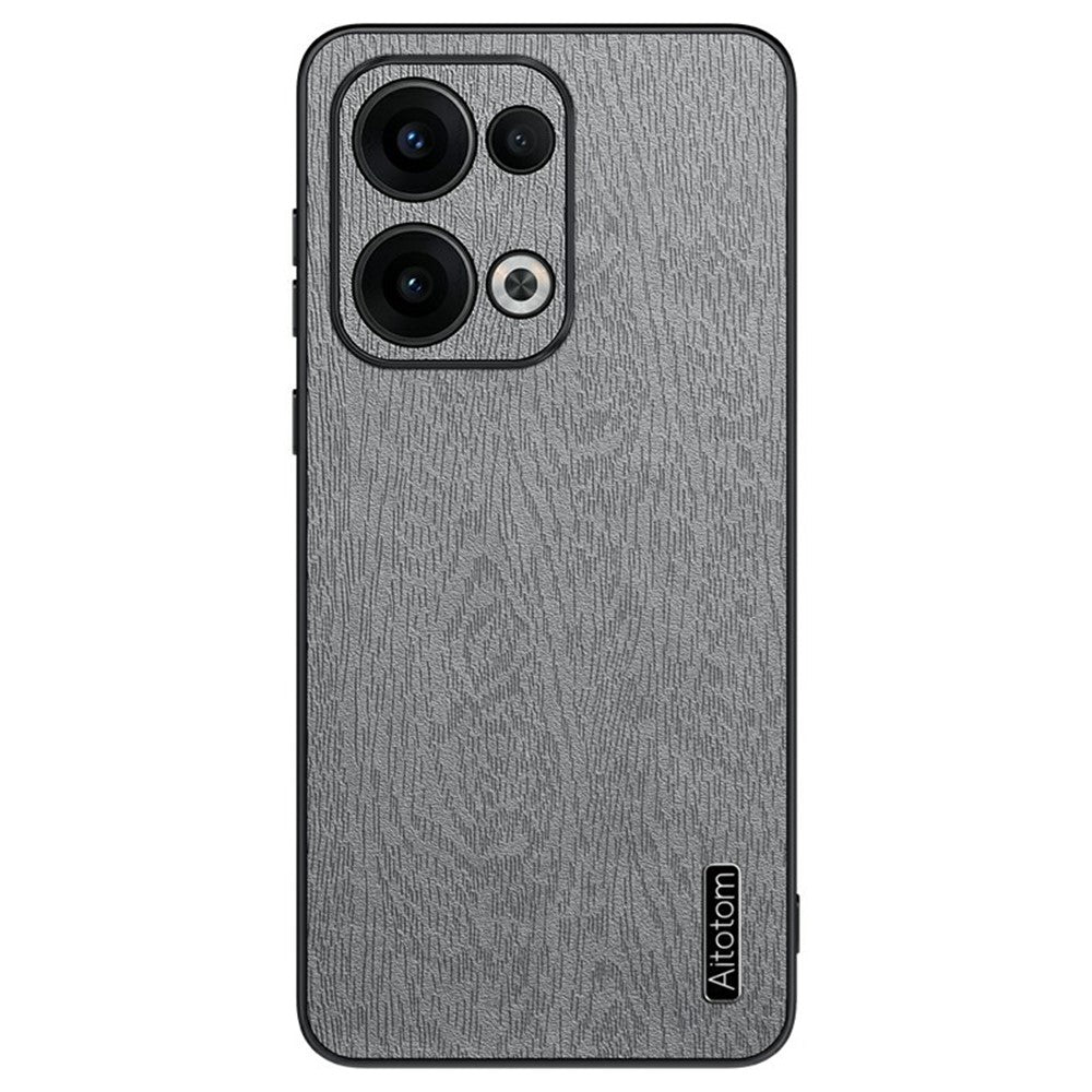 For Oppo Reno13 5G (Global) Case Wood Texture PU Leather Coated PC+TPU Phone Cover - Grey