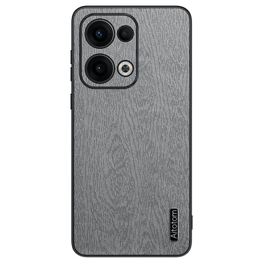 For Oppo Reno13 5G (Global) Case Wood Texture PU Leather Coated PC+TPU Phone Cover - Grey