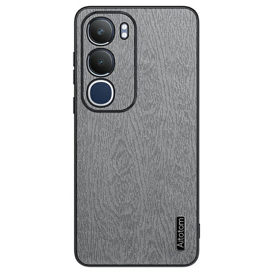 For vivo Y19s 4G Case Wood Texture PU Leather Coated PC+TPU Phone Cover - Grey