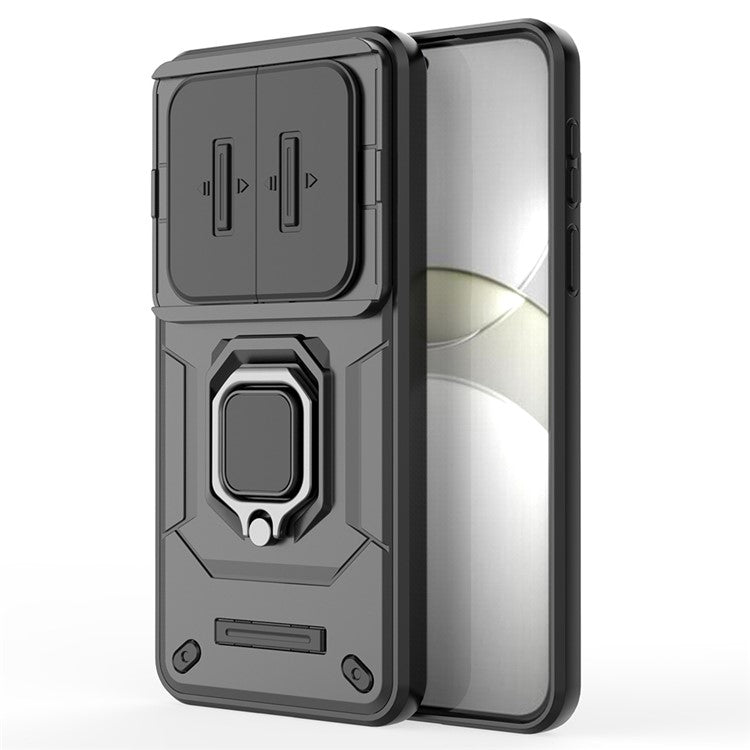 For Huawei Mate 70 Case PC+TPU Kickstand Phone Protector with Lens Cover - Black