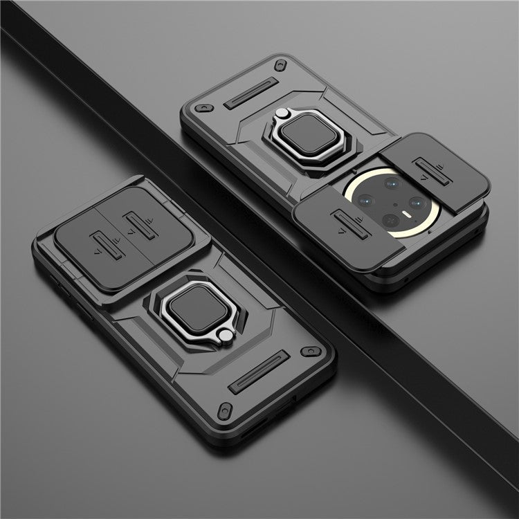 For Huawei Mate 70 Case PC+TPU Kickstand Phone Protector with Lens Cover - Black