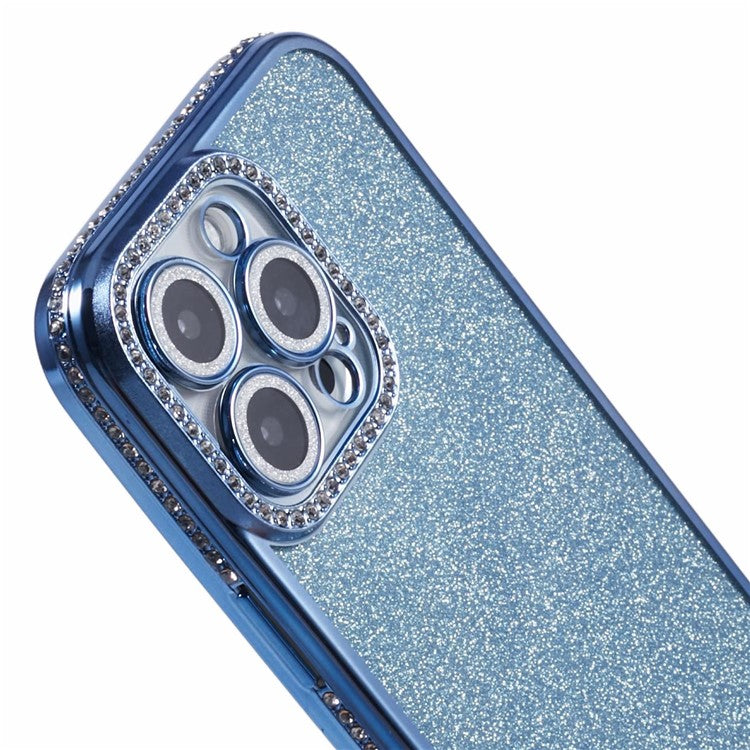 For iPhone 16 Pro Case Camera Lens Guard Clear Phone Back Cover Rhinestone Decor With Glitter Paper - Blue