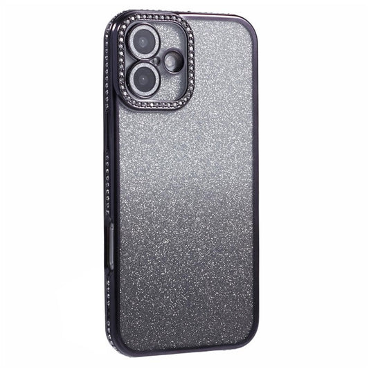 For iPhone 16 Plus Case Camera Lens Guard Clear Phone Back Cover Rhinestone Decor With Glitter Paper - Gradient Black