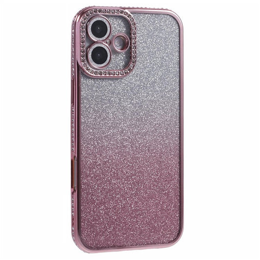 For iPhone 16 Plus Case Camera Lens Guard Clear Phone Back Cover Rhinestone Decor With Glitter Paper - Gradient Pink