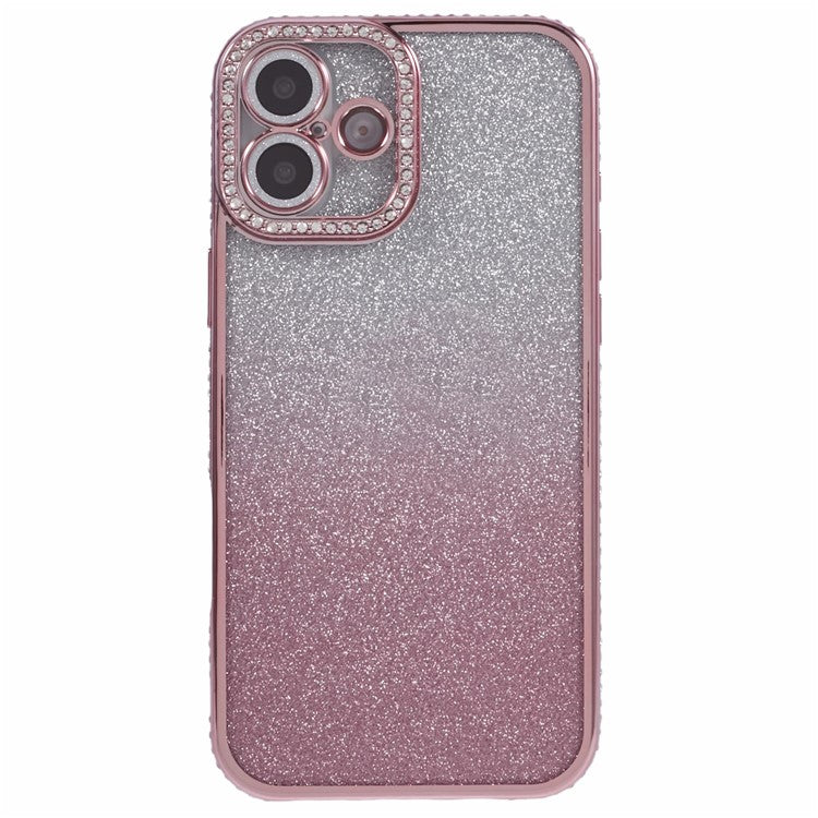 For iPhone 16 Plus Case Camera Lens Guard Clear Phone Back Cover Rhinestone Decor With Glitter Paper - Gradient Pink