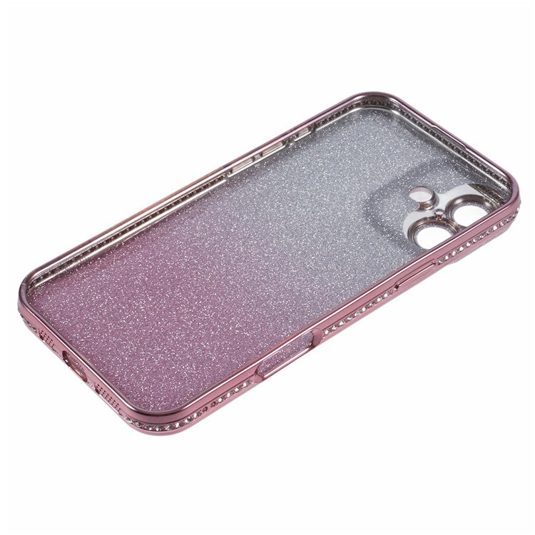 For iPhone 16 Plus Case Camera Lens Guard Clear Phone Back Cover Rhinestone Decor With Glitter Paper - Gradient Pink