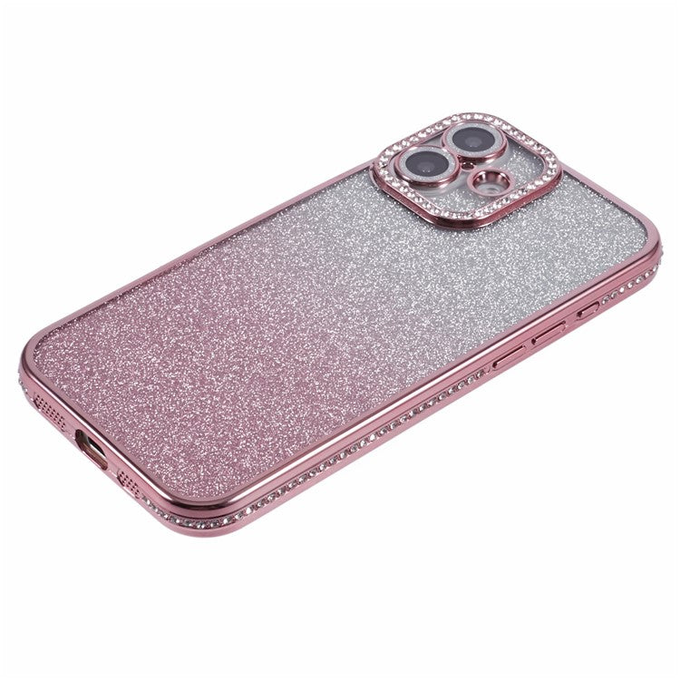 For iPhone 16 Plus Case Camera Lens Guard Clear Phone Back Cover Rhinestone Decor With Glitter Paper - Gradient Pink