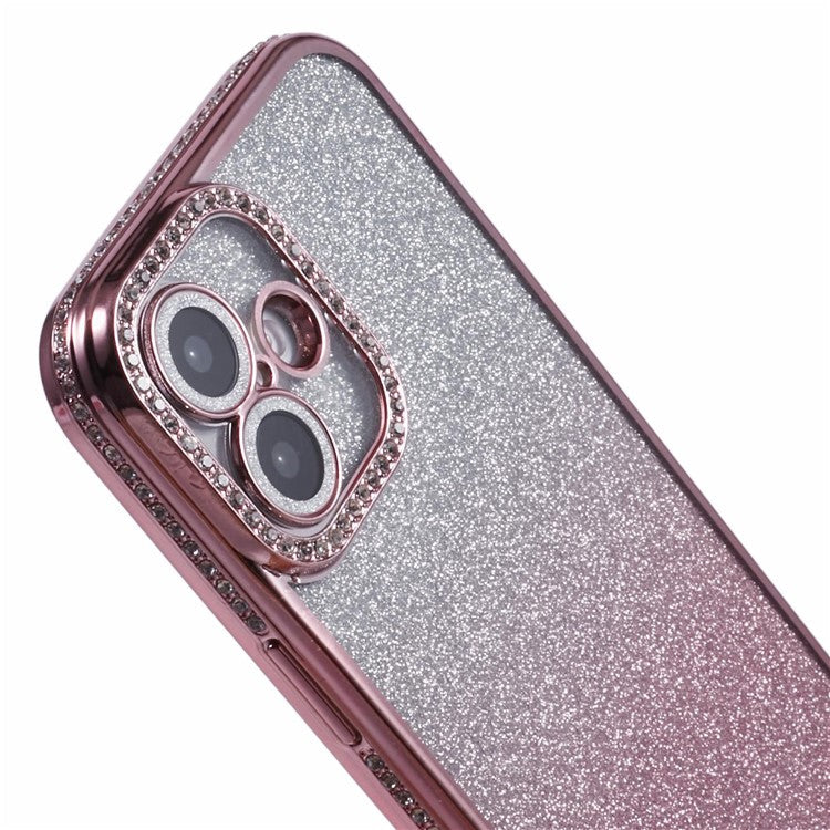 For iPhone 16 Plus Case Camera Lens Guard Clear Phone Back Cover Rhinestone Decor With Glitter Paper - Gradient Pink