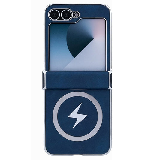 For Samsung Galaxy Z Flip7 FE 5G / Z Flip6 5G Case Compatible with MagSafe Leather+PC+Metal Phone Cover - Dark Blue