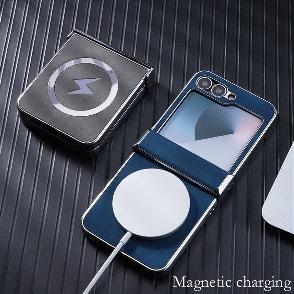 For Samsung Galaxy Z Flip7 FE 5G / Z Flip6 5G Case Compatible with MagSafe Leather+PC+Metal Phone Cover - Dark Blue