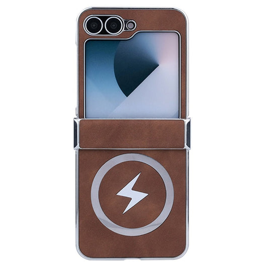For Samsung Galaxy Z Flip7 FE 5G / Z Flip6 5G Case Compatible with MagSafe Leather+PC+Metal Phone Cover - Brown