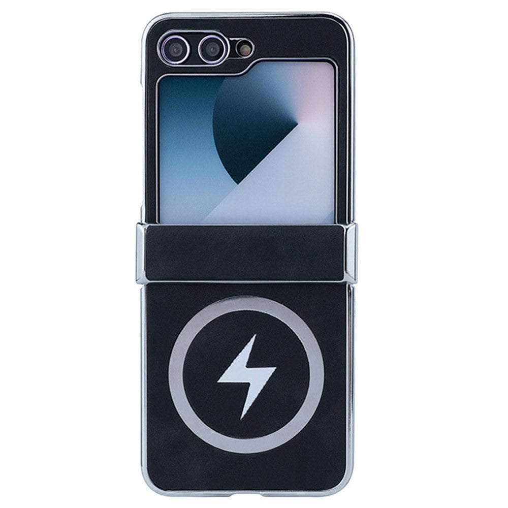 For Samsung Galaxy Z Flip7 FE 5G / Z Flip6 5G Case Compatible with MagSafe Leather+PC+Metal Phone Cover - Black
