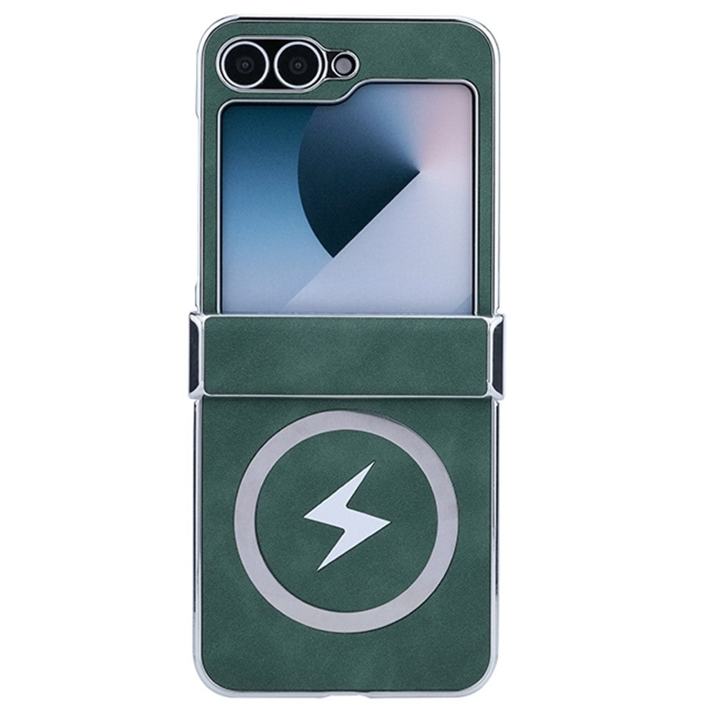 For Samsung Galaxy Z Flip7 FE 5G / Z Flip6 5G Case Compatible with MagSafe Leather+PC+Metal Phone Cover - Green