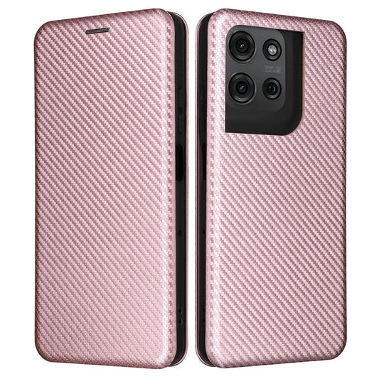 For Motorola Moto G75 5G Case Carbon Fiber Texture Drop-Proof PU Leather Phone Cover - Rose Gold