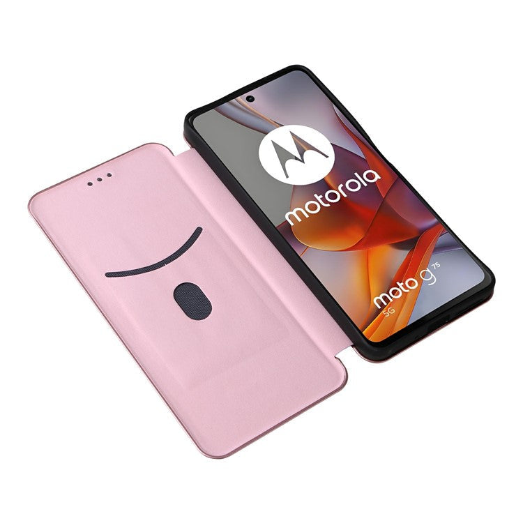 For Motorola Moto G75 5G Case Carbon Fiber Texture Drop-Proof PU Leather Phone Cover - Rose Gold