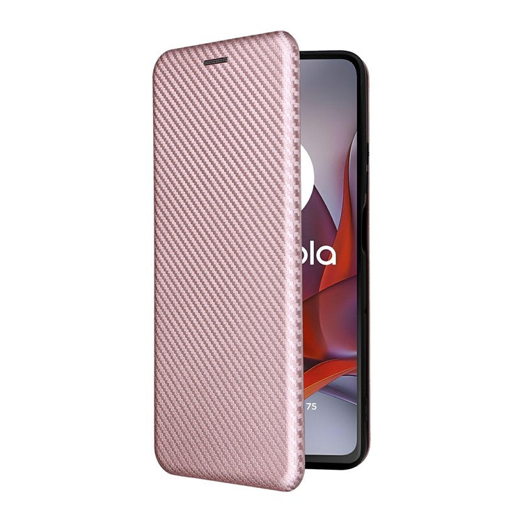 For Motorola Moto G75 5G Case Carbon Fiber Texture Drop-Proof PU Leather Phone Cover - Rose Gold