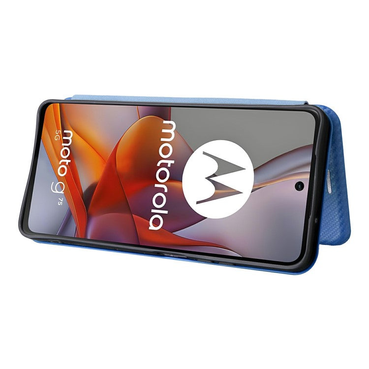 For Motorola Moto G75 5G Case Carbon Fiber Texture Drop-Proof PU Leather Phone Cover - Blue