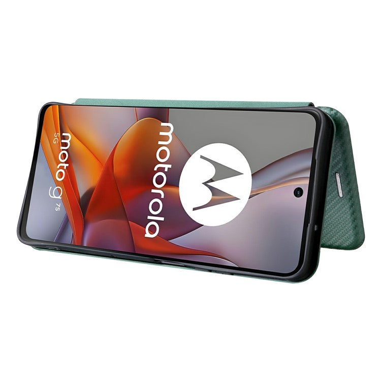 For Motorola Moto G75 5G Case Carbon Fiber Texture Drop-Proof PU Leather Phone Cover - Green