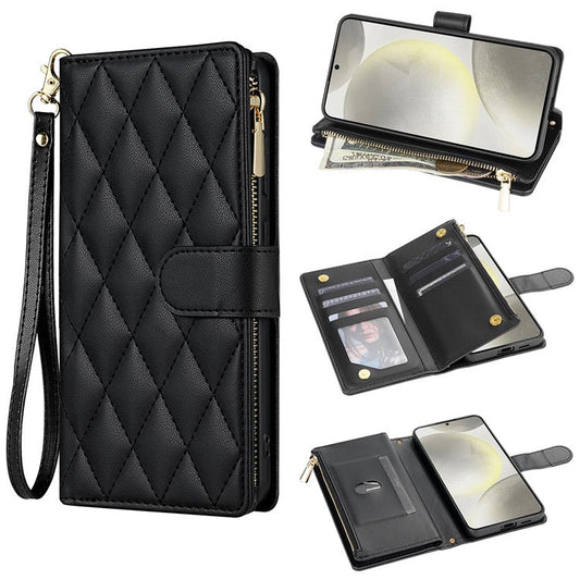 For Samsung Galaxy A26 5G Case Rhombus Stitching Leather Wallet Phone Cover with Long  /  Short Strap - Black