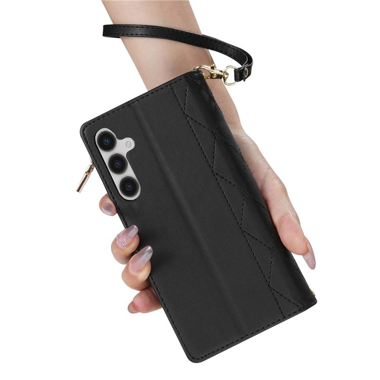 For Samsung Galaxy A26 5G Case Rhombus Stitching Leather Wallet Phone Cover with Long  /  Short Strap - Black