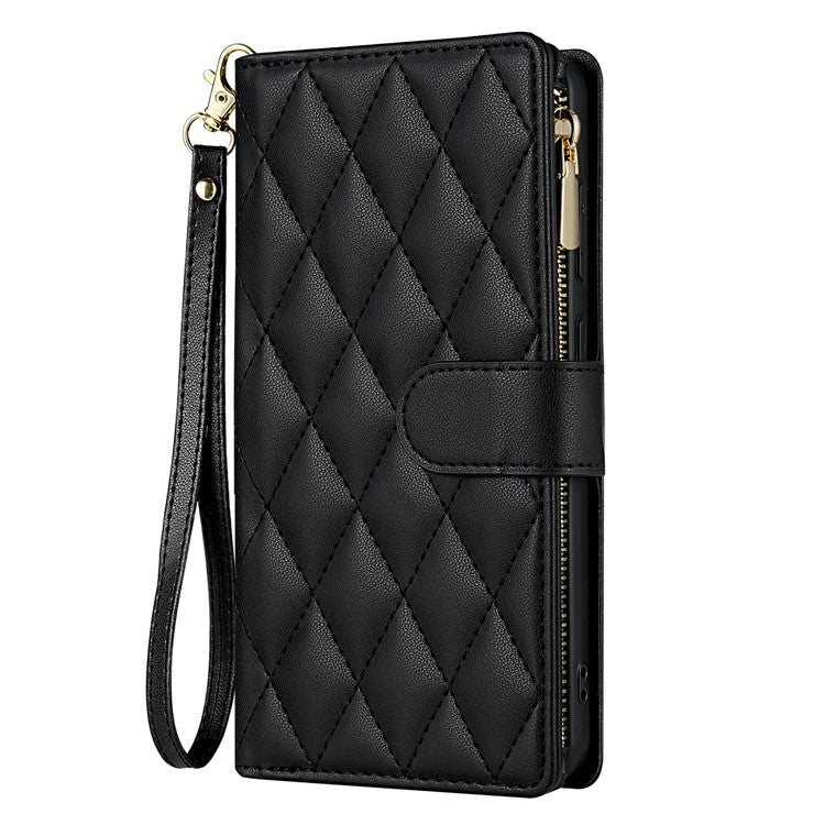 For Samsung Galaxy A26 5G Case Rhombus Stitching Leather Wallet Phone Cover with Long  /  Short Strap - Black