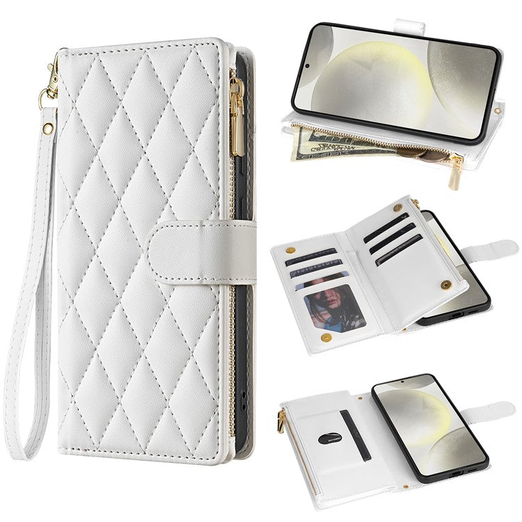 For Samsung Galaxy A36 5G Case Rhombus Stitching Leather Wallet Phone Cover with Long  /  Short Strap - White